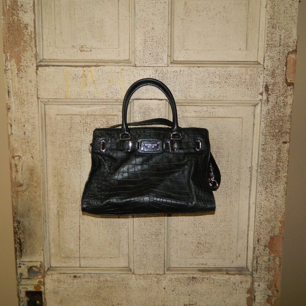 Michael Kors Black Faux Crocodile Embossed Print Handbag Purse